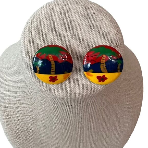 Vintage Handmade Round Beach Palm Tree Post Back Earrings - Picture 1 of 4
